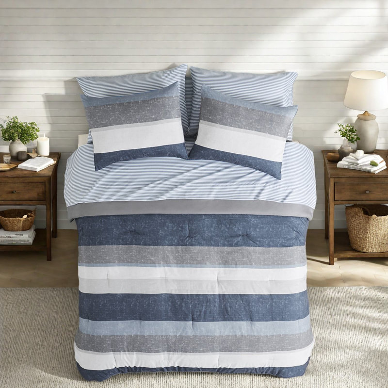 Modern Stripe Bedding Sets In Blue Grey, Cozy Polyester For Home
