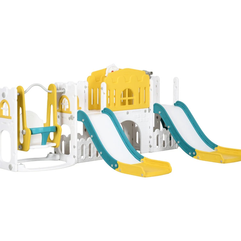 Balançoire et toboggan, modèle 81 avec 2 glissoires, grimpeur, balançoire, allée, rangement, télescope, tunnel, cerceau, pour équipement de jeu avec