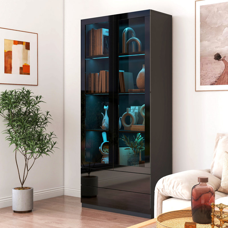 Vitrine avec portes en verre, armoire de rangement Curio avec 2 tiroirs, bibliothèque avec lumières à DEL, noir