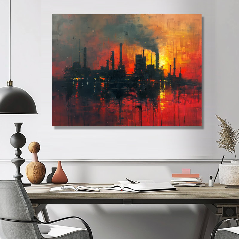 Reproduction d'art mural jaune et rouge «Power Factories II», Cadre flottant brun, 16" H x 32" W