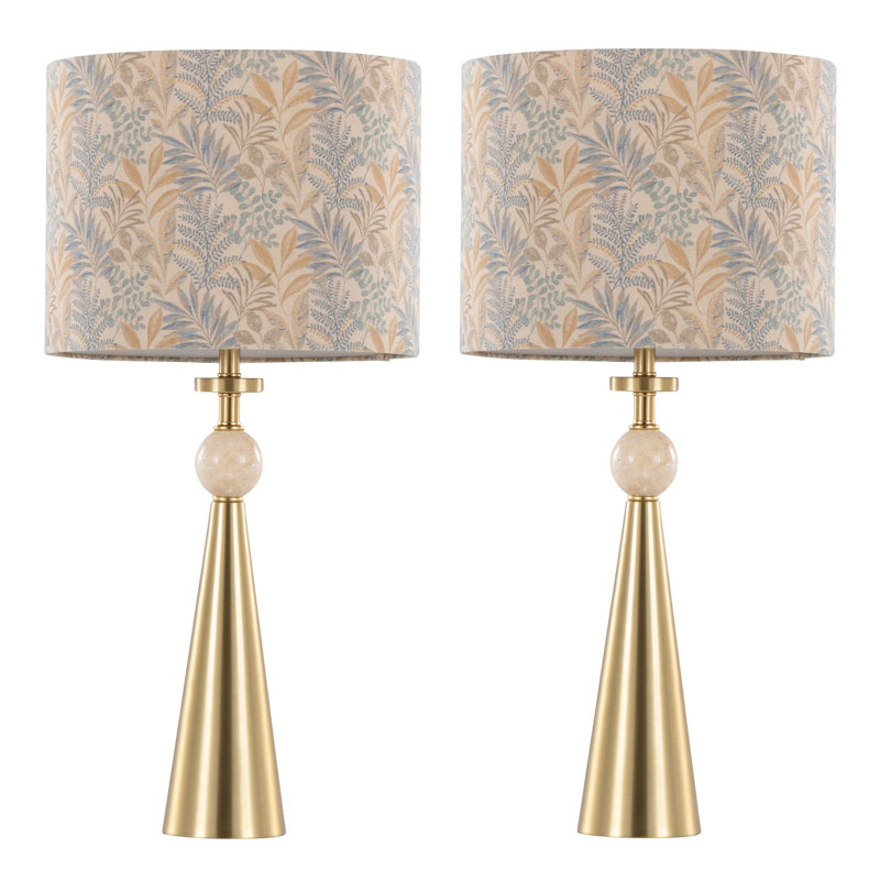 Lampe de table contemporaine, Tissu, métal, pierre, Or, brun clair, H 27,5 po x l 13 po x P 13 po