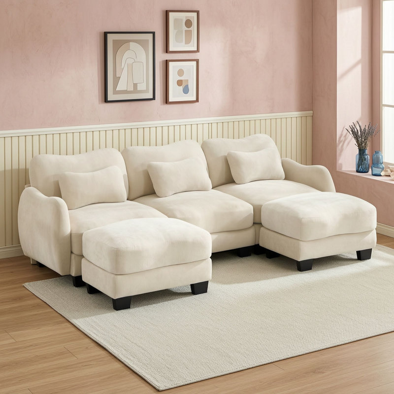Canapé en forme de U avec 3 coussins lombaires et 2 poufs amovibles, Beige