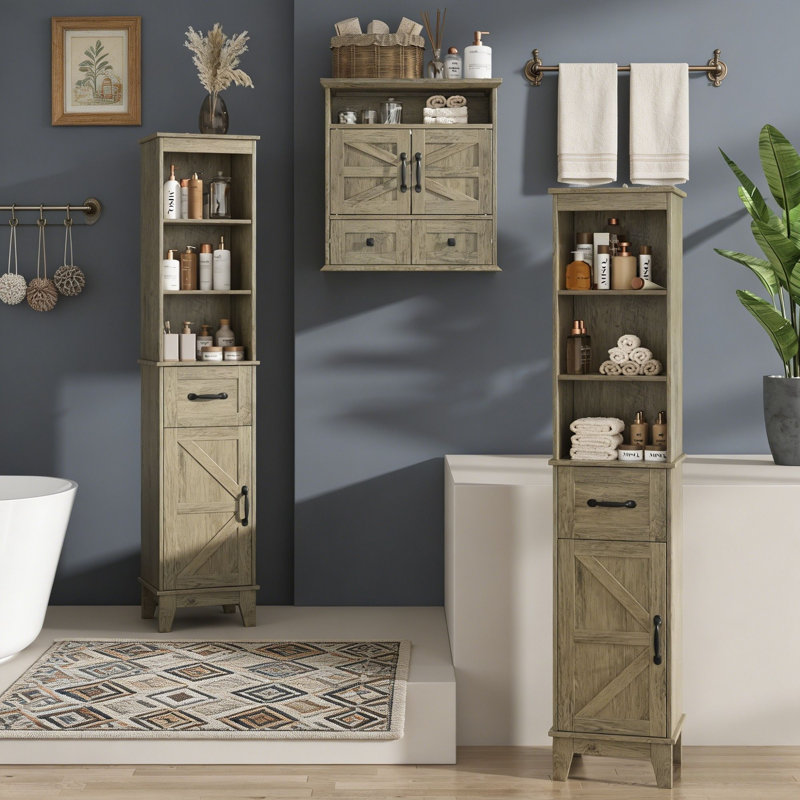 3-Piece Bathroom Storage Cabinet Set With Wall Cabinet & Set of 2 Tall Narrow Cabinet , Farmhouse Barn Door Design, Grey