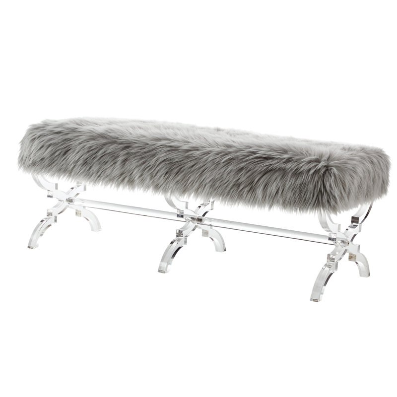 Giselle Faux Fur Acrylic X-Leg Bench, Gray