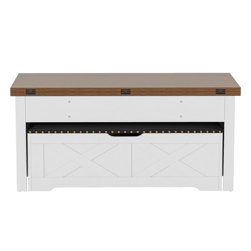  Table basse relevable avec rangement, ensemble de tables centrales extensibles avec banc repose-pieds, Blanc / Brun
