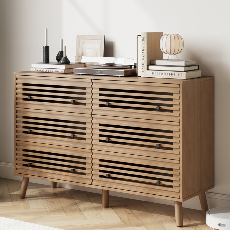 6 Drawers Dresser For Bedroom, 47'' Wide Mid Century Modern Fluted Dresser, Wood Chest Of Drawers Organizer For Bedroom, Living Room, Hallway, Closet, Oak