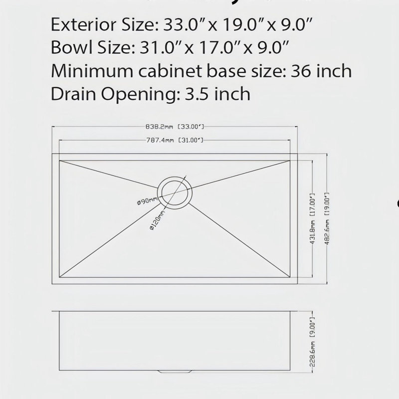 Évier de cuisine encastré 33 po, cuve simple en acier inoxydable de calibre 16, noir acier