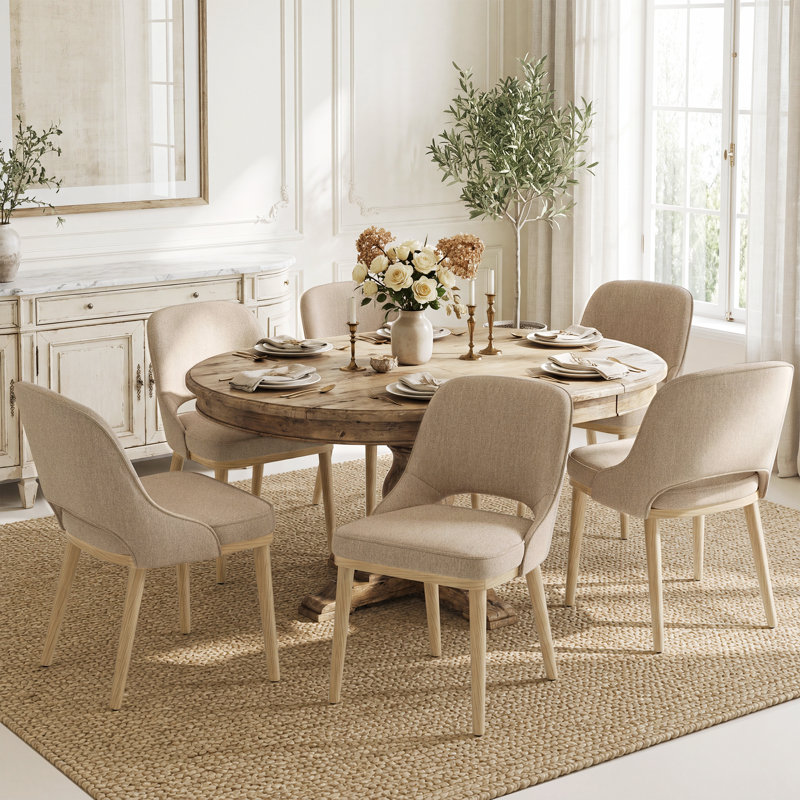 Chenille Upholstered Dining Chair With Solid Wood Legs, 6, Camel