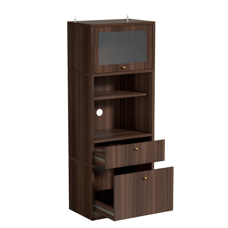 Armoire de rangement autoportante haute de 71 pouces avec portes et tablettes, tablettes réglables, tiroir et ensemble anti-basculement, bois de qualité E1, noyer pour garde-manger, armoire de rangement pour salle de bain