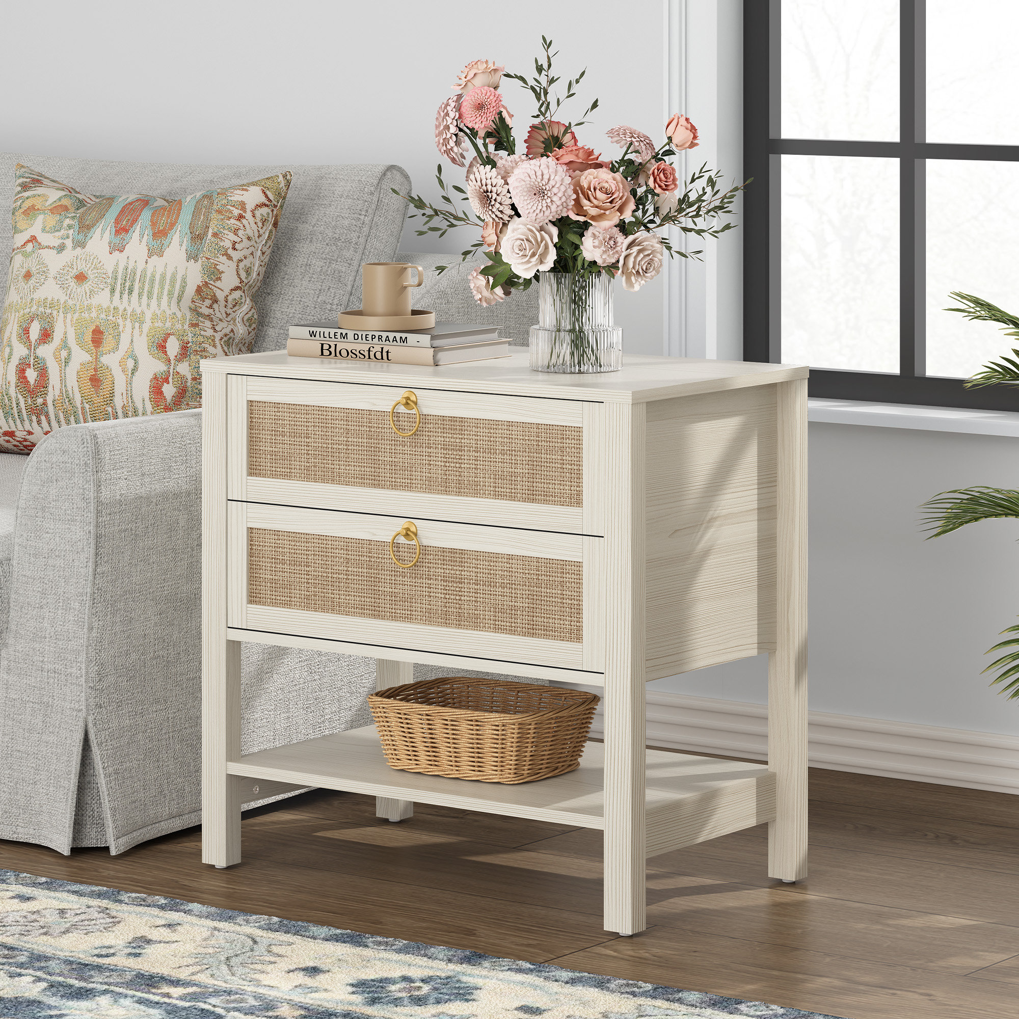Breakwater Bay Pomodoro Rattan Nightstand With 2-Drawer And 1 Open Shelf & Reviews | Wayfair