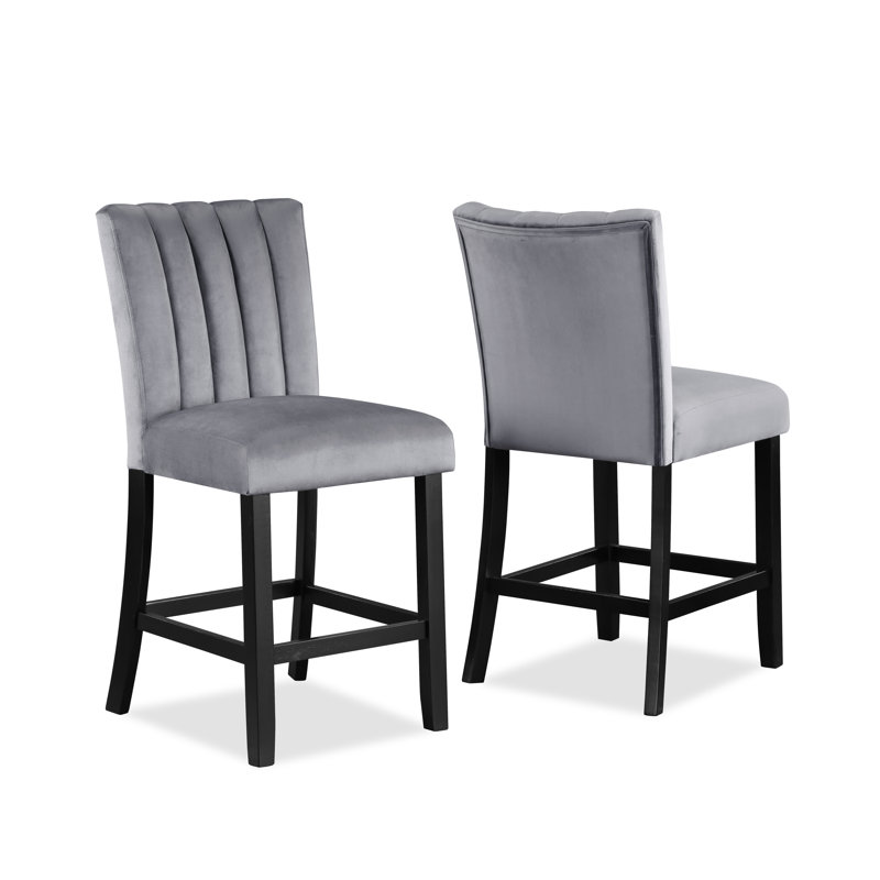 2 chaises de salle à manger rembourrées à hauteur de comptoir 2 pièces - Velours, dossier capitonné, gris noir | Idée de cadeau