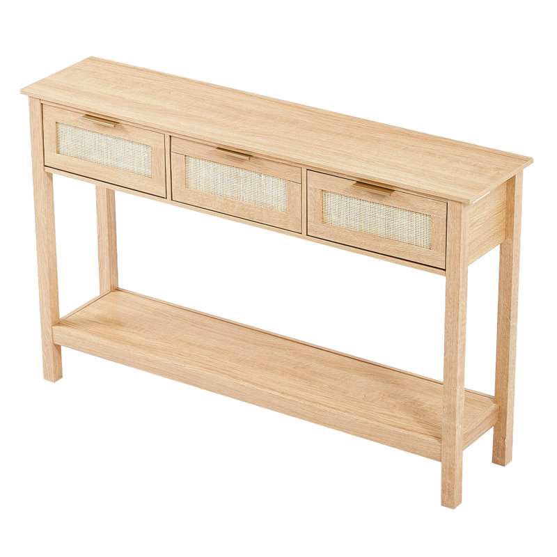 Console en rotin avec 3 tiroirs de rangement, table d'entrée en rotin avec porte coulissante en rotin naturel, table console pour salon, bureau, entrée ou mur de télévision