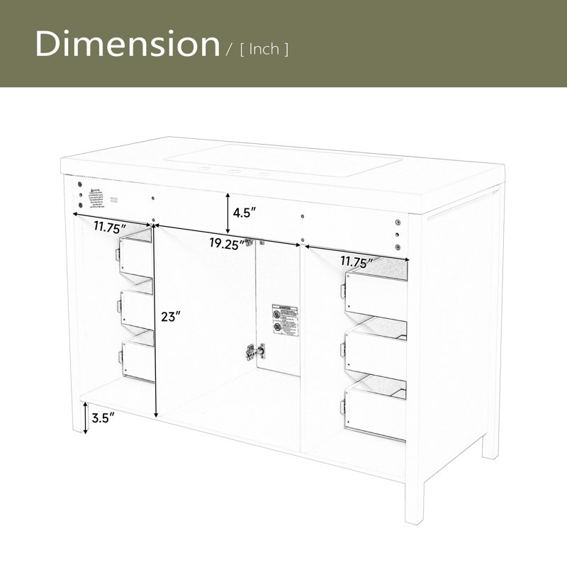 Meuble-lavabo 48 po avec lavabo, 2 portes et 8 tiroirs, système de fermeture en douceur, conception classique, Blanc