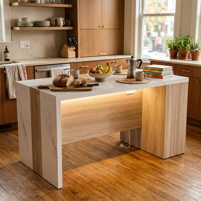 Îlot de cuisine de 155 cm de large avec dessus en faux marbre, tablettes latérales ouvertes, bande lumineuse DEL et prise électrique.