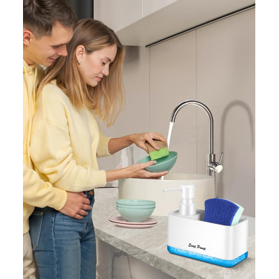 Distributeur de liquide vaisselle avec porte-éponge, distributeur de savon compact 2 en 1 pour la cuisine et la salle de bain, utilisable en plusieurs occasions : liquide vaisselle, savon pour les mains, lotion, gel douche.