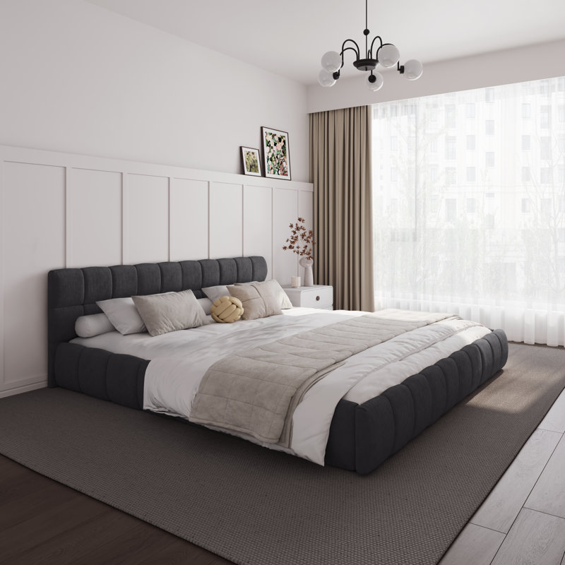 Chenille Upholstered Bed Frame With Headboard, Gray, King