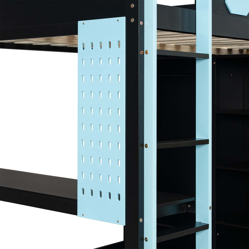 Lit mezzanine double en bois pleine grandeur avec bureau intégré, garde-robe ouverte, tablettes et éclairage RVB personnalisable pour des espaces d'étude et de jeu efficaces.