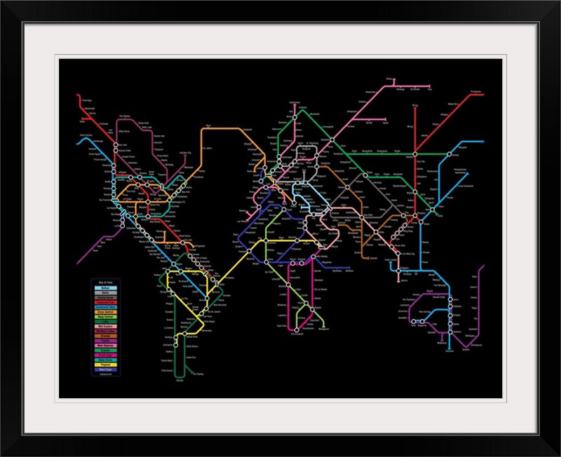 «World Metro Map» par Bellen, impression, H 26 po x l 32 po x P 1 po, Cadre noir