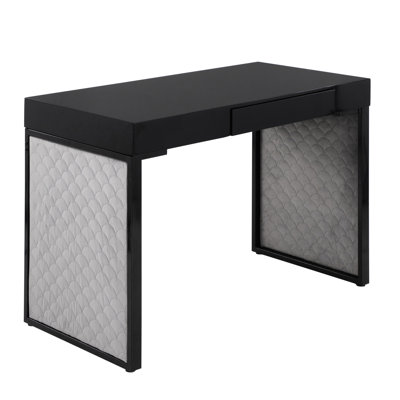 Bureau contemporain en acier noir et bois avec revêtement en velours argenté, plateau et tiroir coulissant pour un espace de rangement supplémentaire, usage intérieur seulement, charge maximale de 45 kg, largeur 112 cm, profondeur 56,5 cm, hauteur 76 cm