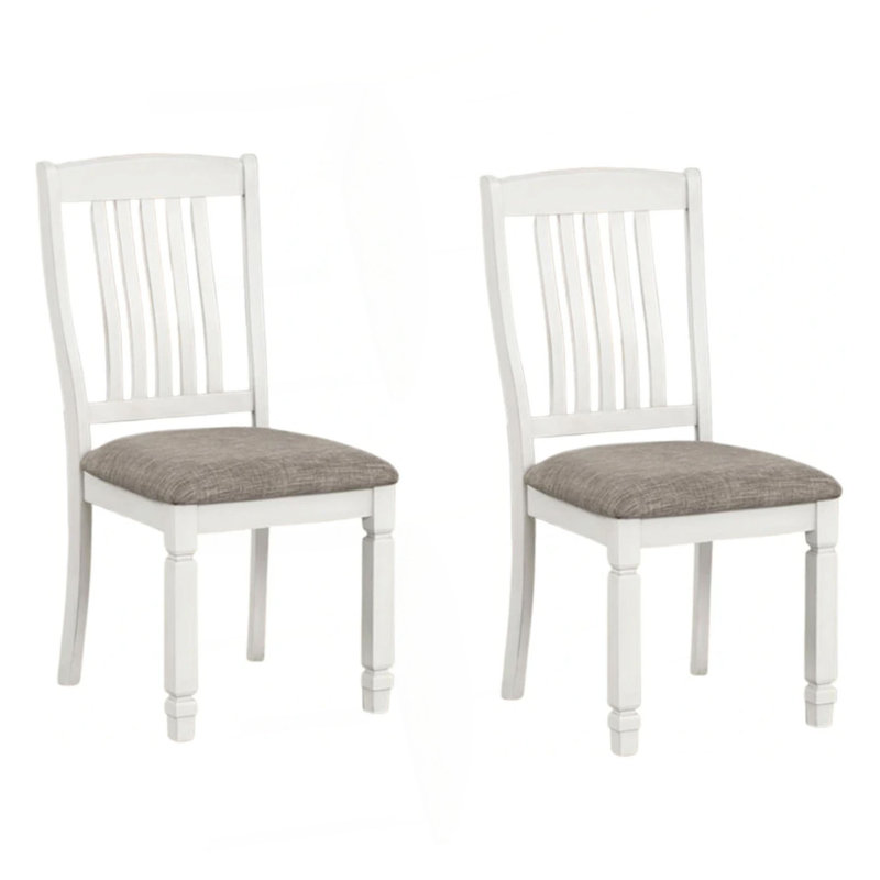 Dola Side Dining Chair Set Of 2, Rustic White Wood, Gray Fabric, Slat Back