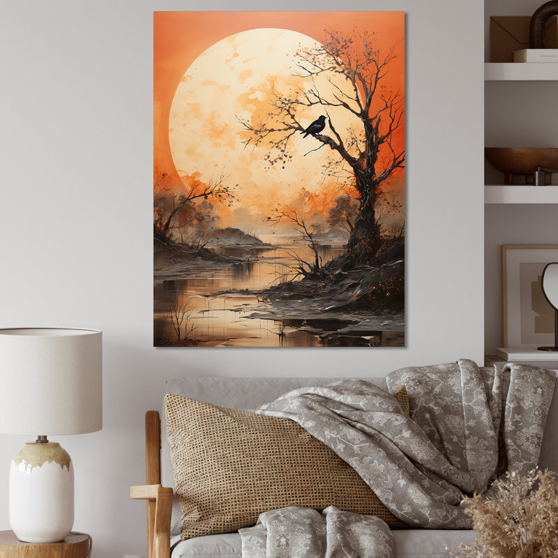 «Tree Orange Moon Silhouette», reproduction sur toile florale, H 32 po x l 24 po x P 1 po, Toile tendue