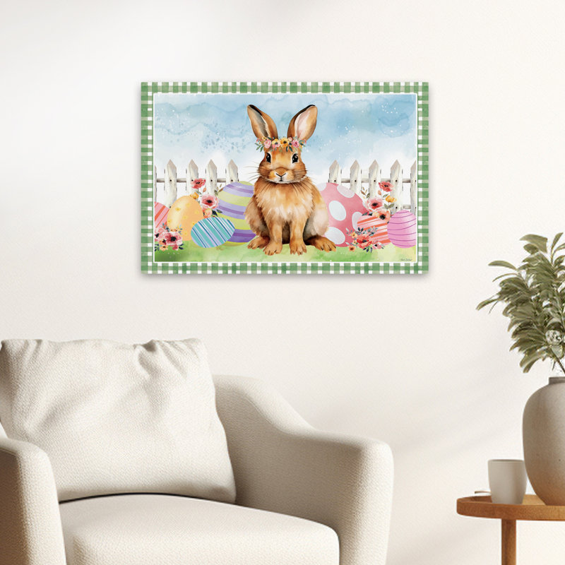 Lapin de Pâques et œufs de Pâques - Lapin de ferme moderne avec couronne de fleurs, H 24 po x l 16 po