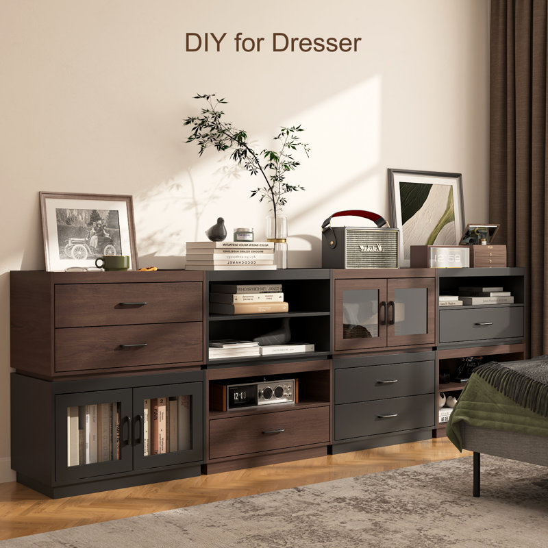 Stackable Storage Drawers,28" Wide Storage Bins W/ Drawers And Compartment For Closet Organizers, Wood Stackable Closet Organizer Modern Large Stackable Storage Units For Living Room Hallway, Brown
