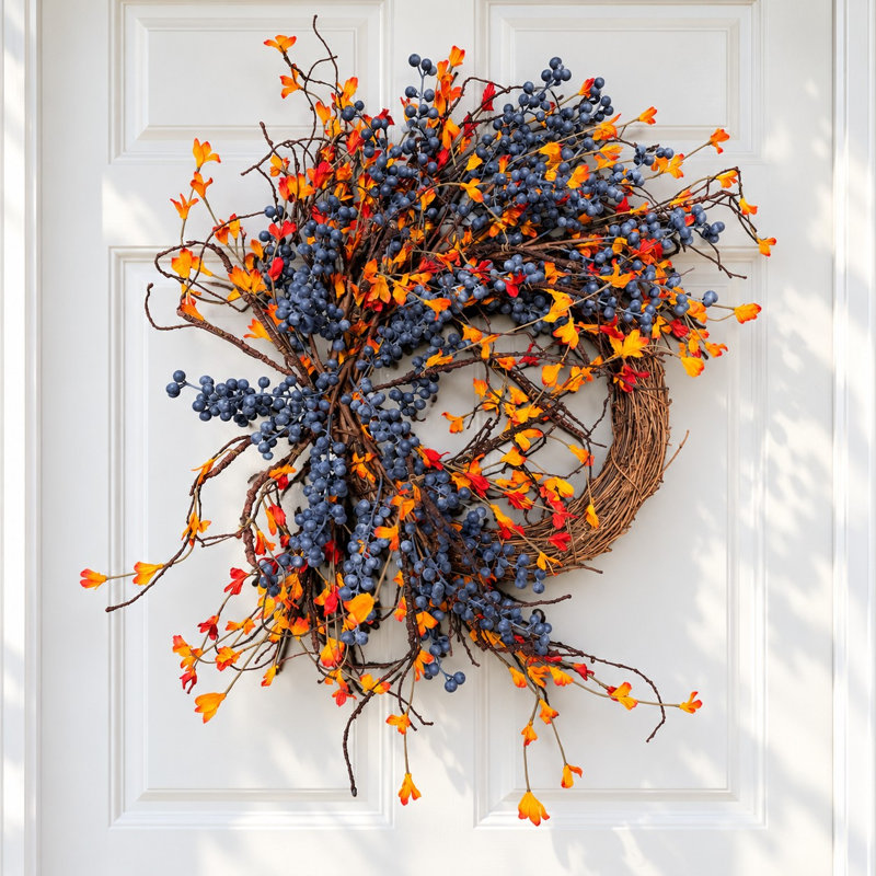 Couronne de brindille d'automne artificielle 24 po avec feuillage et baies pour décoration de l'Action de grâce
