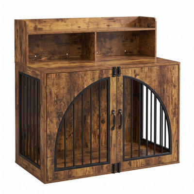 Dog Crate Furniture with Storage, Wooden Dog Kennel Indoor for Medium & Large Dogs, Heavy Duty Metal Frame Dog Cage with Side Hooks, End Table for Living Room, 2 Sizes Available