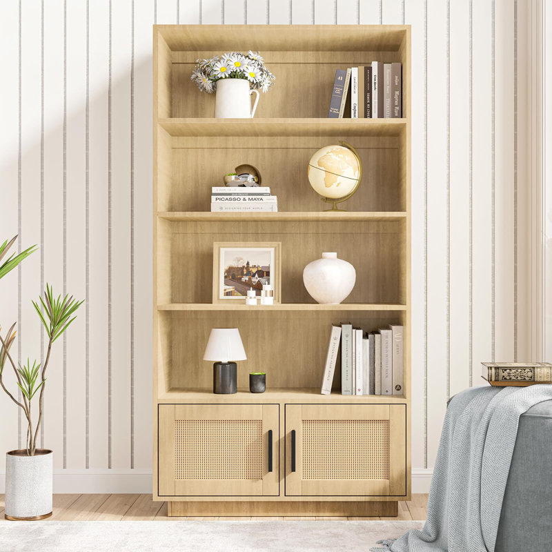 Boho Bookcase With Rattan Doors, 5 Tier Bookshelf, Natural