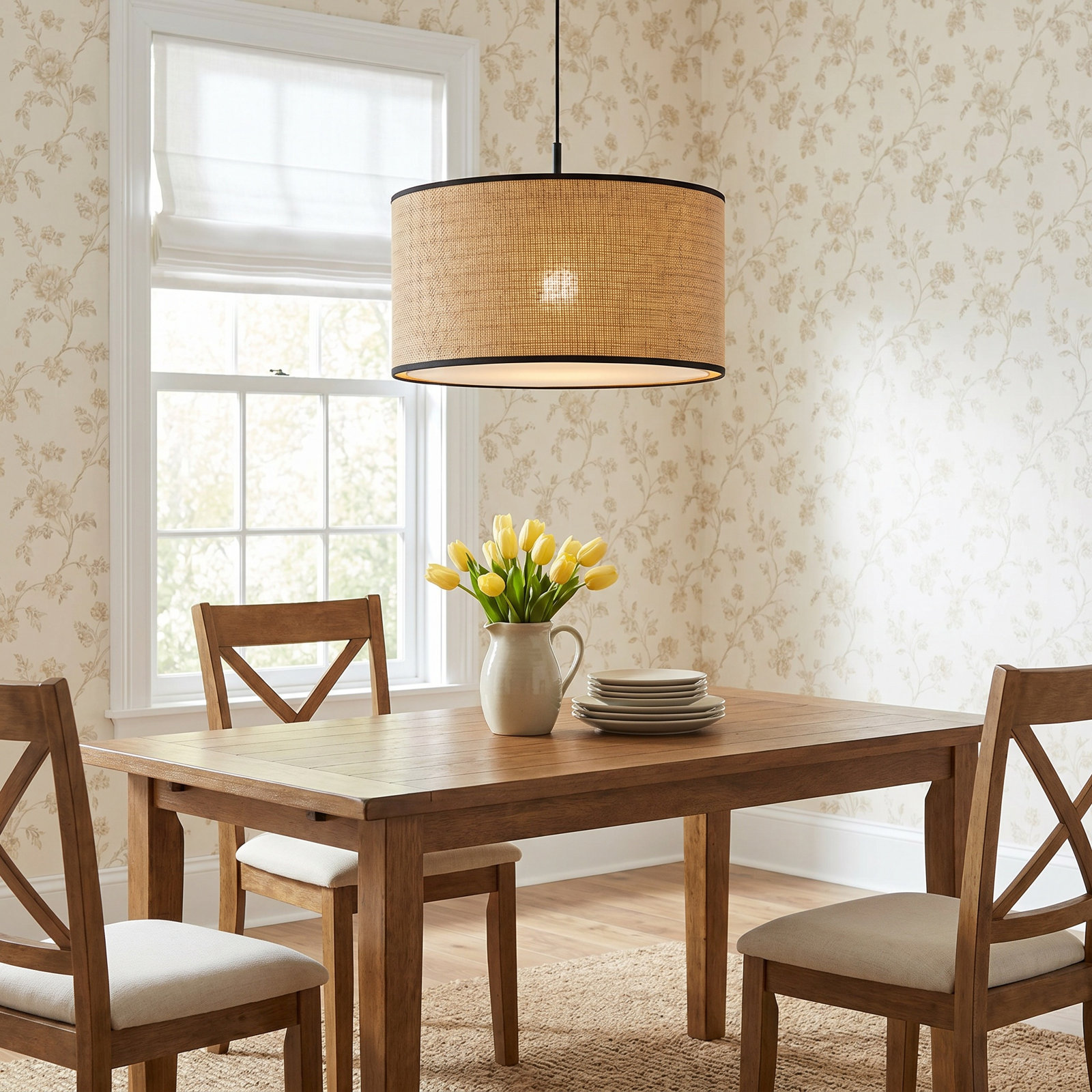 Kinnear Single Light Pendant, Black, Natural/Black Trim/White