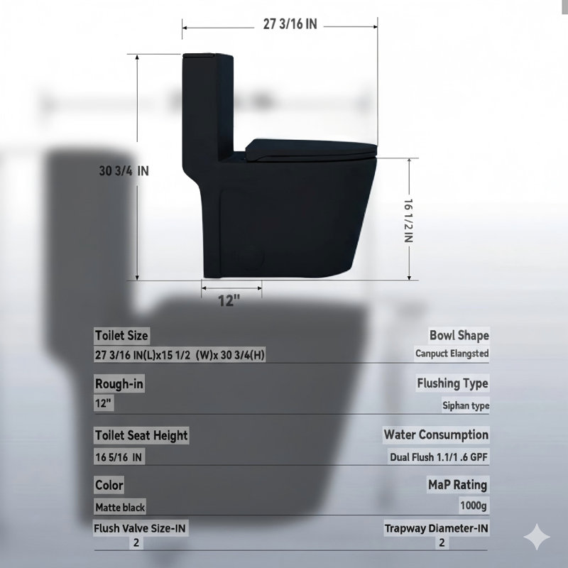 Single-unit toilet with a 1.1/1.6 GPF vortex flush, siphonic S-trap (12-inch), elongated bowl and slow-close seat, powerful dual-flush system rated at 1000g MAP, comfort-height (17-inch ADA) chair seat, in a matte black finish.