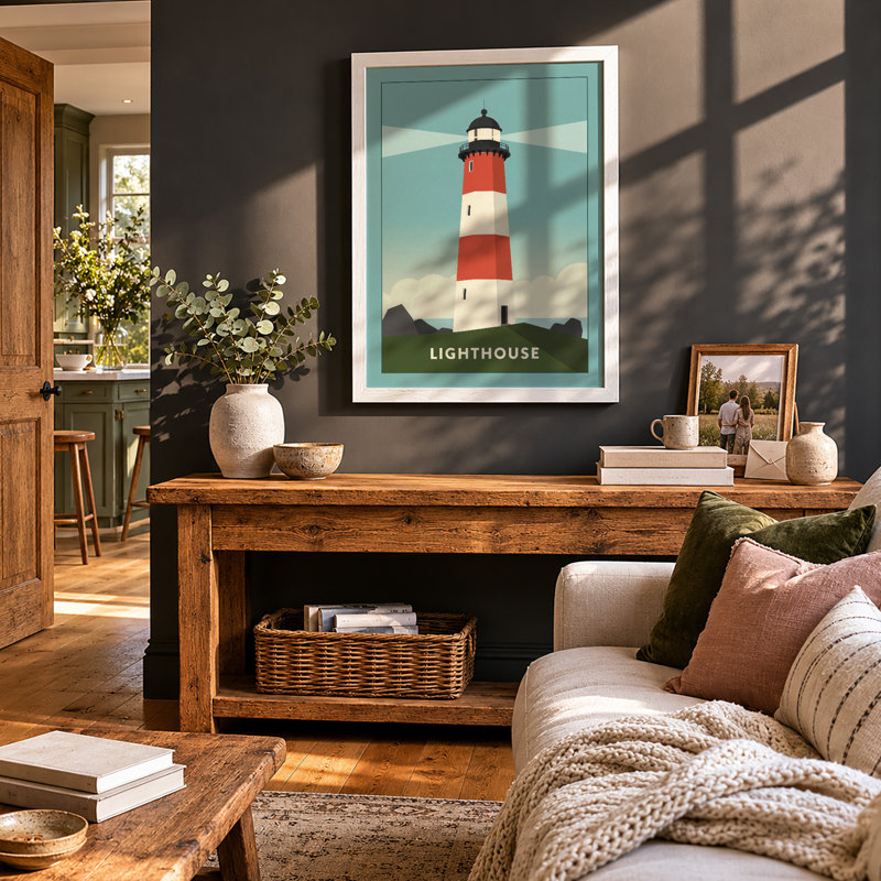 Iconic Lighthouse Retro - Framed Print, A2 - 59.4 x 42.0 cm, White