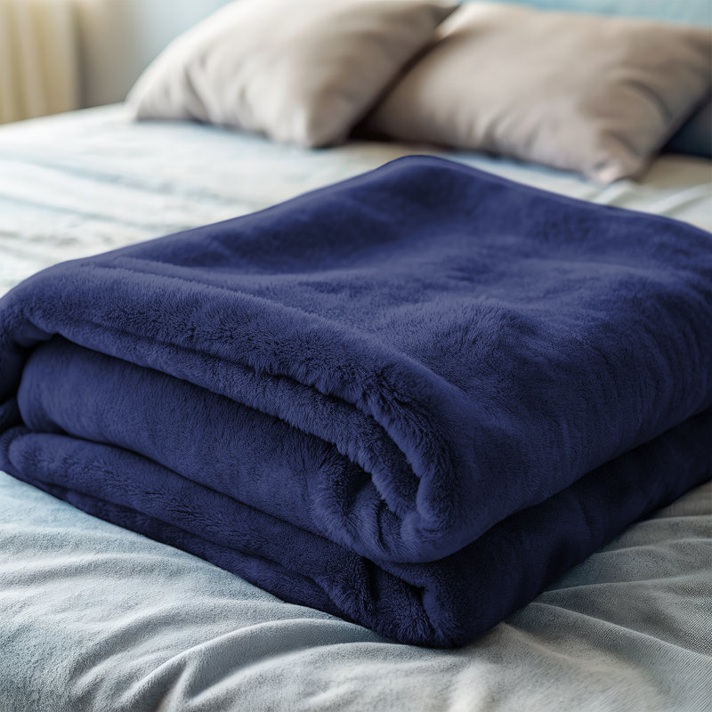 Ultra Soft Plush Faux Fur Reversible Fleece Blanket, Single, Navy