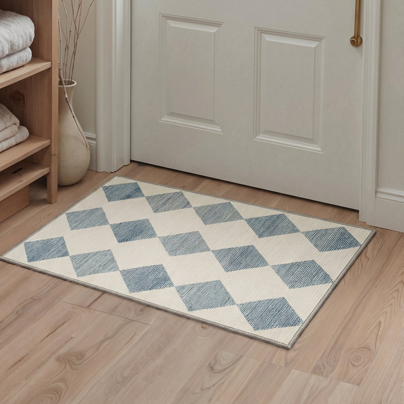 Liadan Diamondix Geometric Machine Washable Blue / Beige Indoor Area Rug with Non-Slip Backing, Rectangle 6' x 9'