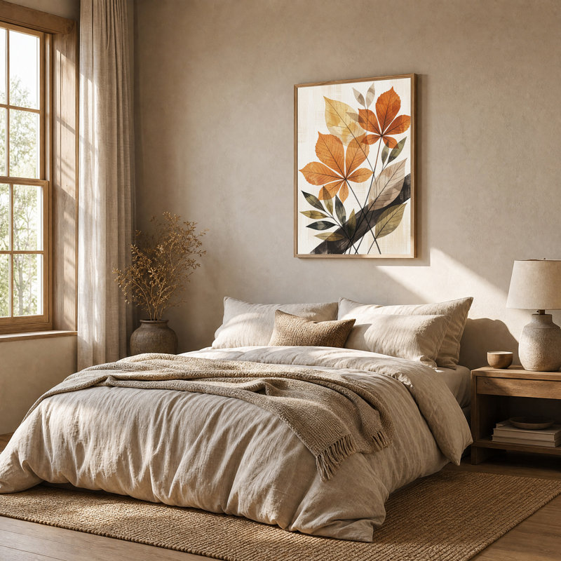 Toile murale texturée à motifs de feuilles botaniques rouille et vertes, H 36 po x l 24 po