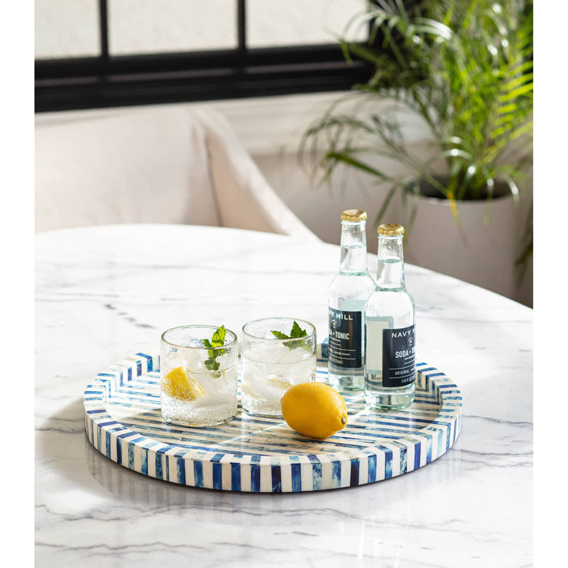 16-Inch Round Bone and Indigo Tray