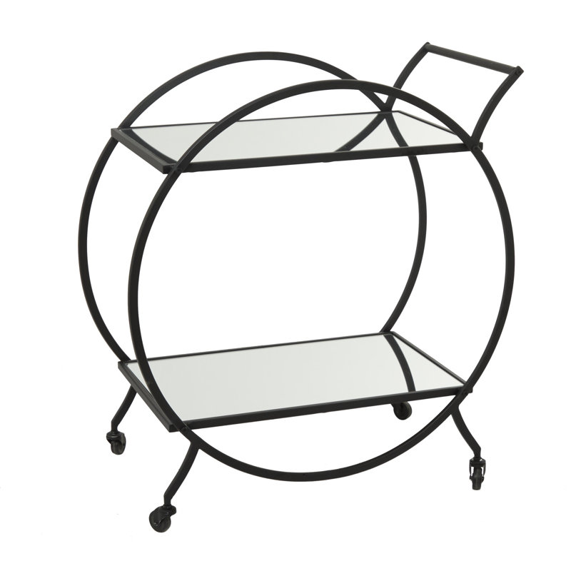  Bray Gold Metal Rolling Round 2 Mirrored Shelf Bar Cart with Top Handle, Black