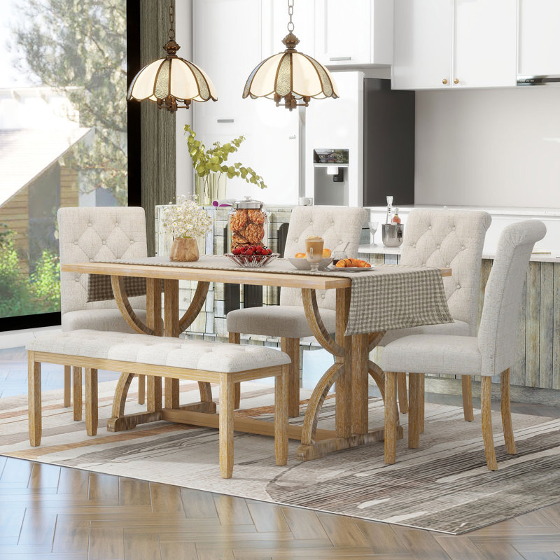 6-Piece Retro Rectangular Dining Table Set, Natural Wood Wash