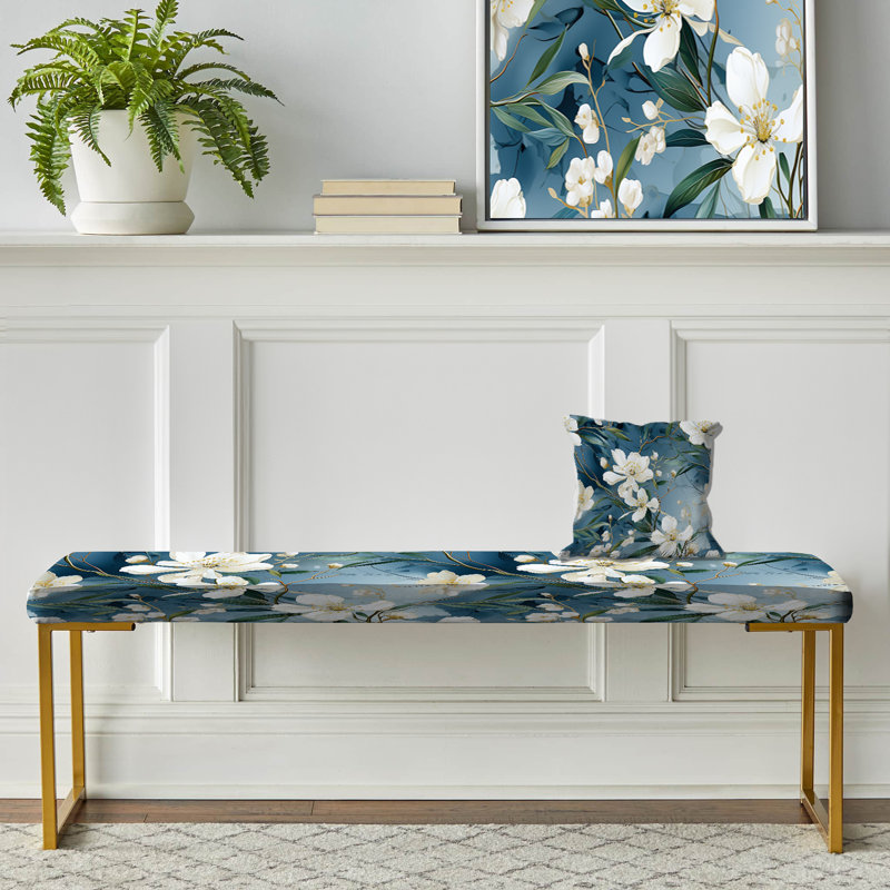 Floral Upholstered Gold Bench, Magnolias Vein White And Blue Marble Pattern I