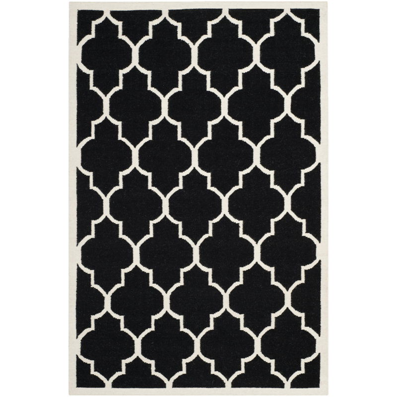Rodgers Hand Woven Flat Weave Wool/Cotton Geometric Rug in Black/Ivory, Rectangle 5' x 8'