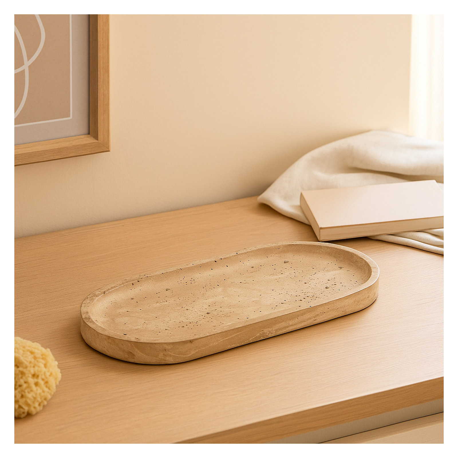 Oval Serving Tray Beige Resin Dia 16.9"