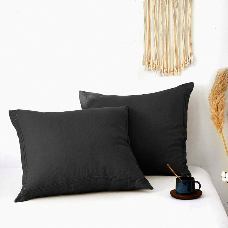 Embroidered Linen Euro Shams - 2 Pack 26'' x 26'' - Dark Grey - Pre Washed Natural Flax - Soft Breathable Pillow Covers - French Style Bedding