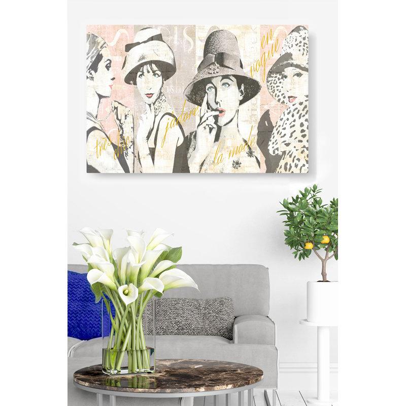 Créateurs de mode, femmes, chapeaux, chic, Paris, demi-teinte, doré, rose, brun, collage, H 24 po x l 36 po x P 1,5 po
