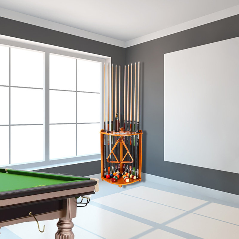 GSE Wooden 10 Corner Style Pool Cue Rack with Score Counter, Metal Hook, and Drink Holders - Black, Oak