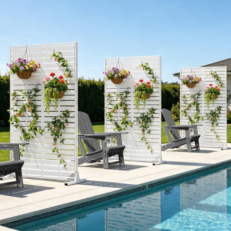 Paravent d'extérieur autoportant à 5 panneaux (hauteur 152 cm), cloison décorative à persiennes en PEHD avec cadre en acier, panneau de clôture résistant aux intempéries pour balcon, jardin et intérieur - Blanc et beige