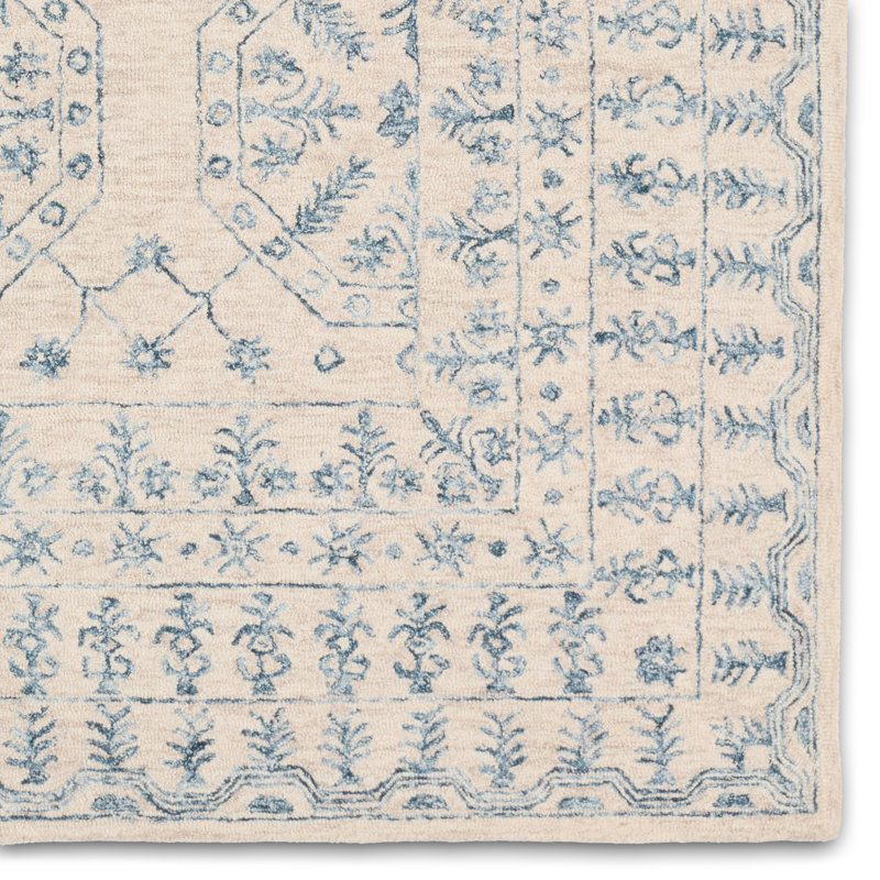 Bungalow Rose Andjela Handmade Medallion Ivory/Blue Area Rug, Rectangle 10' x 14'