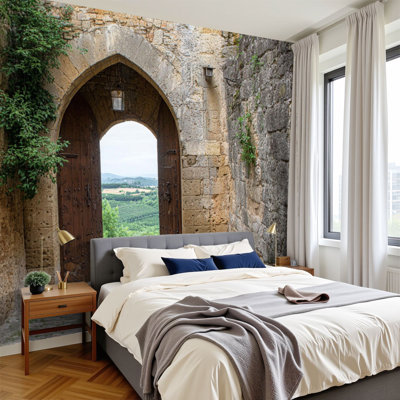 Peel and Stick Wallpaper 96" W x 69" H Modern Self Adhesive Wall Mural for Bedroom Medieval Doorway Countryside Castle Ancient Architecture Landscape