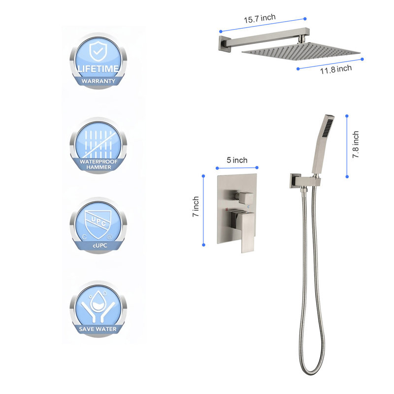 Système de douche à pluie mural moderne avec technologie d'injection d'air, Nickel brossé