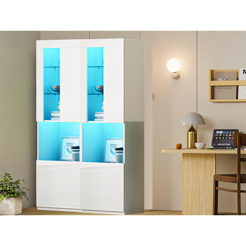 Modern Display Cabinet With LED Lights,Open Countertop And Tempered Glass Shelves(Set Of 2)